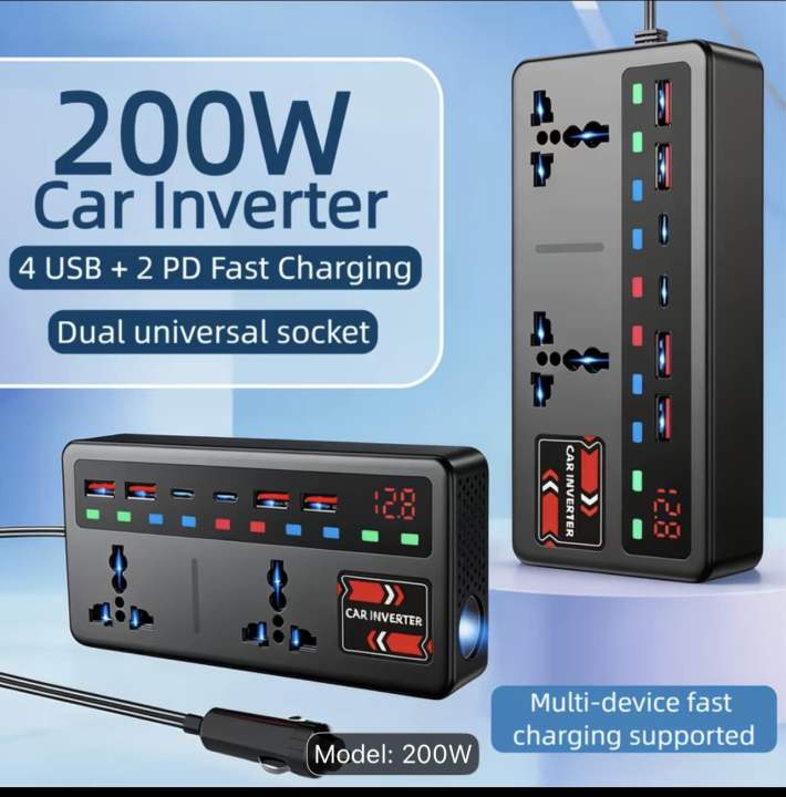 Car Inverter, 12V|24V to 110V/220V, High-Power Fast Charging, Universal Socket extension plugs for Cars/Trucks, 4 USB 2 PD Fast charging Power Converter with Voltage Display, 200W, Suitable for Mobile Phones, Computers, Etc | Daraz.pk