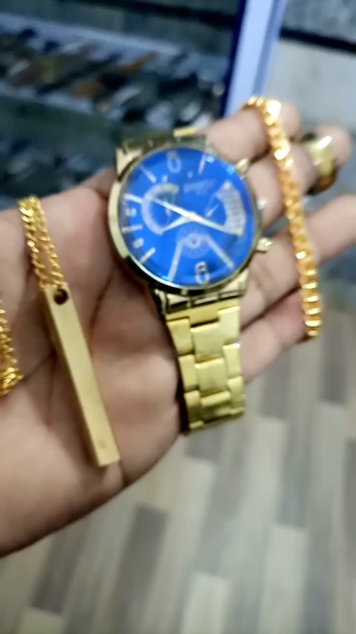 Pack of 4 Watch Set for Men and Boys Stainless Steel Quartz Watch with Bracelet Ring and Locket Fashion and Luxury Style Multiple Colors | Daraz.pk