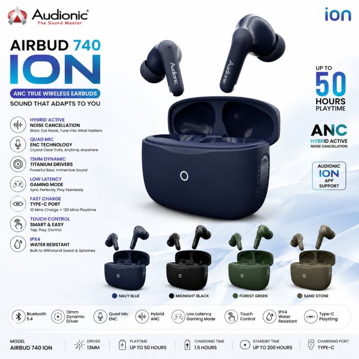 Audionic Airbud 740 ION Quad Mic ANC Wireless Earbuds - Gaming Mode Low Latency TWS Earbud With Upto 70 Hours Playtime - IPX5 Water Proof Wireless Earphones With Voice Assistance Bluetooth Earbuds And Headphones - One Year Official Brand Warranty | Daraz.